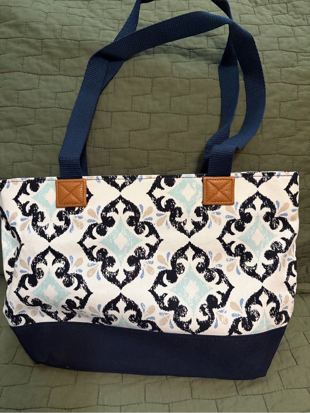 Canvas Tote Bag with Navy Trim and Geometric Print - thirty-one